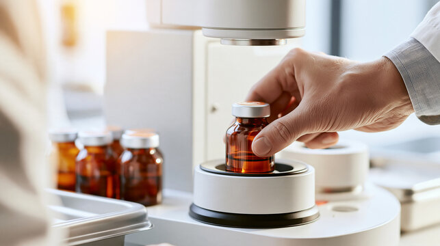 Formulation scientist placing a capped amber formulation