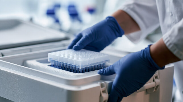 Laboratory coordinator placing sealed sample rack