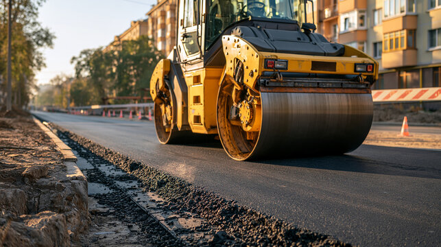 Road roller compacting fresh asphalt pavement