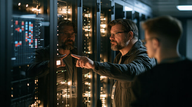 Data center guide pointing through a glass wall