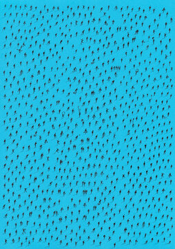Minimal aerial view of hundreds of scattered anonymous human silhouettes casting long shadows on a vibrant color background.
