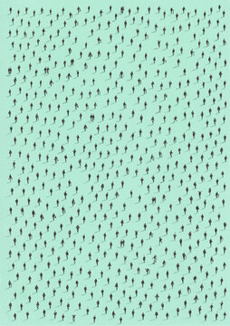 Minimal aerial view of hundreds of scattered anonymous human silhouettes casting long shadows on a vibrant color background.
