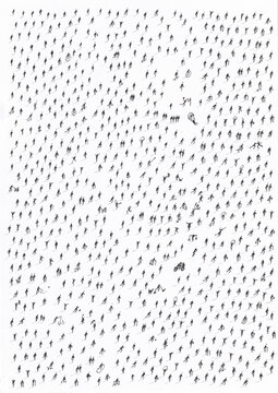 Minimal aerial view of hundreds of scattered anonymous human silhouettes casting long shadows on a vibrant color background.