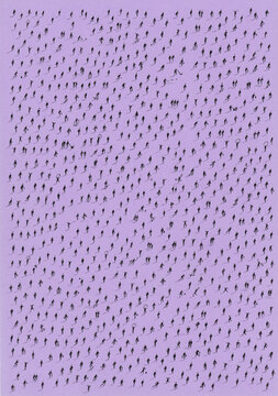 Minimal aerial view of hundreds of scattered anonymous human silhouettes casting long shadows on a vibrant color background.