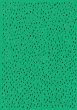 Minimal aerial view of hundreds of scattered anonymous human silhouettes casting long shadows on a vibrant color background.
