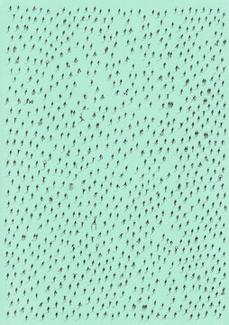 Minimal aerial view of hundreds of scattered anonymous human silhouettes casting long shadows on a vibrant color background.