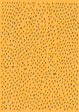 Minimal aerial view of hundreds of scattered anonymous human silhouettes casting long shadows on a vibrant color background.