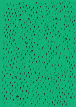 Minimal aerial view of hundreds of scattered anonymous human silhouettes casting long shadows on a vibrant color background.