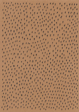 Minimal aerial view of hundreds of scattered anonymous human silhouettes casting long shadows on a vibrant color background.