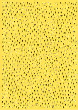 Minimal aerial view of hundreds of scattered anonymous human silhouettes casting long shadows on a vibrant color background.