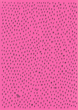 Minimal aerial view of hundreds of scattered anonymous human silhouettes casting long shadows on a vibrant color background.