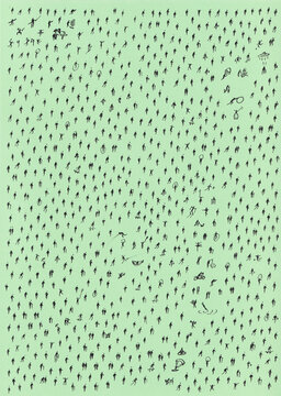 Minimal aerial view of hundreds of scattered anonymous human silhouettes casting long shadows on a vibrant color background.