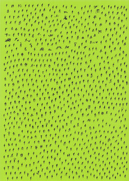Minimal aerial view of hundreds of scattered anonymous human silhouettes casting long shadows on a vibrant color background.
