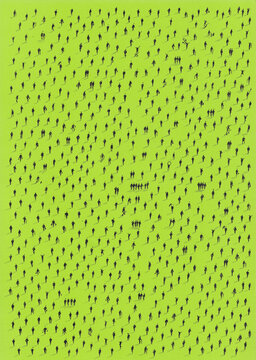 Minimal aerial view of hundreds of scattered anonymous human silhouettes casting long shadows on a vibrant color background.