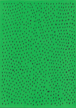 Minimal aerial view of hundreds of scattered anonymous human silhouettes casting long shadows on a vibrant color background.