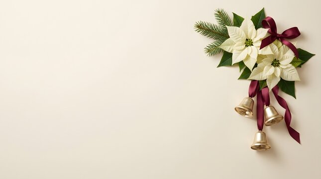Festive christmas arrangement with poinsettias ribbons and ornaments for holiday celebrations