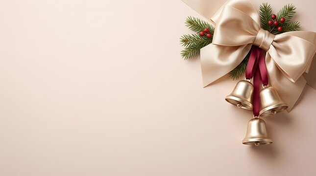 Elegant christmas ribbon and bell arrangement on a soft pink background for holiday decor