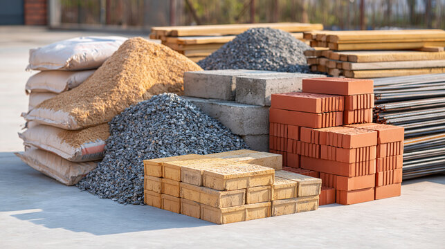 Construction materials for foundation work arranged on a smooth light gray concrete floor, bags of cement, coarse sand, crushed gravel, solid concrete blocks, red clay bricks,