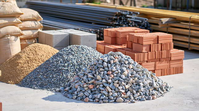 Construction materials for foundation work arranged on a smooth light gray concrete floor, bags of cement, coarse sand, crushed gravel, solid concrete blocks, red clay bricks,