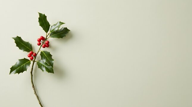 A minimalist christmas scene featuring holly berries and green leaves on a soft background