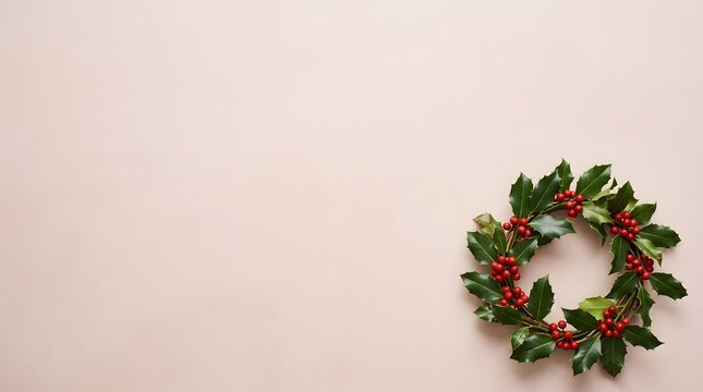 A festive christmas wreath on a soft pink wall creating a warm holiday atmosphere
