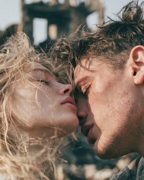 Close up portrait of a young attractive couple with blonde and brown hair gently touching noses and sharing a tender romantic moment outdoors under bright sunlight with natural textures