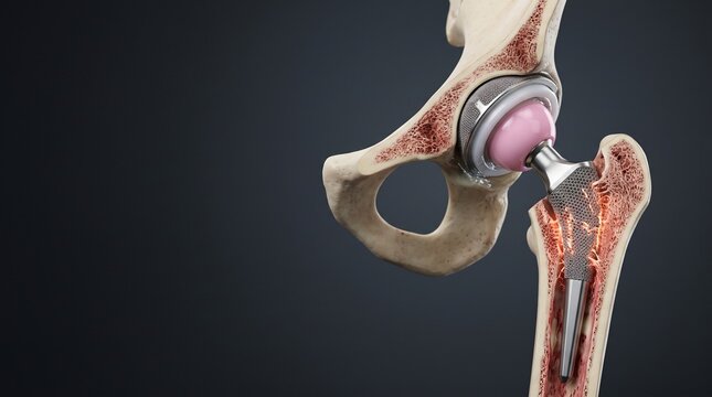 3D Orthopedic Illustration of Total Hip Replacement Prosthesis in Femur