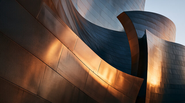 Modern Curved Metal Architectural Facade in Golden Sunset Light