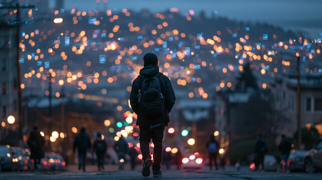 Person Walking in Smart Connected City with Digital Data