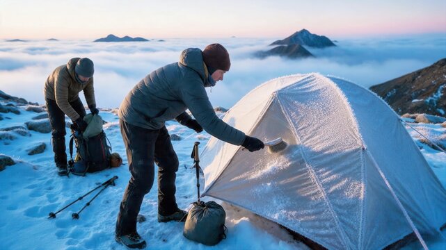 Hiker pitching a tent on a snowy mountain ridge during a winter alpine camping expedition.