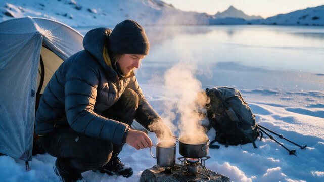 Camper cooking a hot meal beside a tent on a frozen snowy lakeshore during winter.