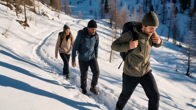 Three backpackers hiking together through deep snow in a bright winter mountain landscape for travel advertising.