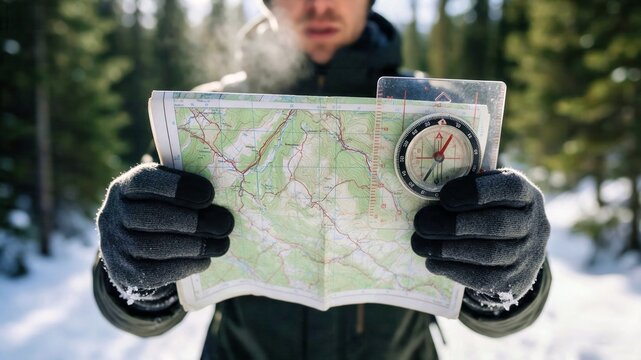 Gloved hands holding a topographic map and compass for winter travel planning and outdoor advertising.
