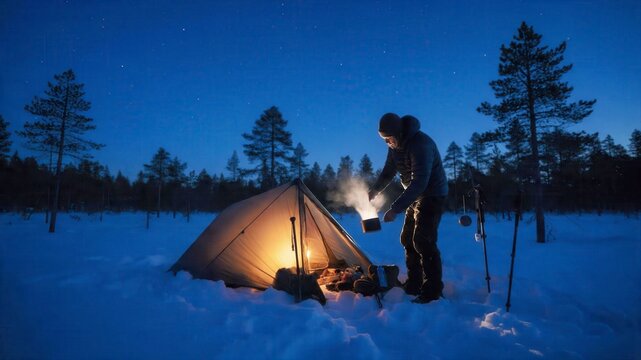 Camper standing beside a glowing tent and campfire under a starry winter night sky for travel advertising.
