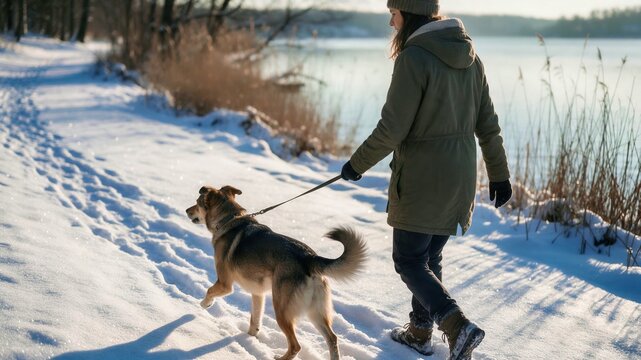 Person walking a dog on a leash along a snowy lakeside trail during a winter outing.