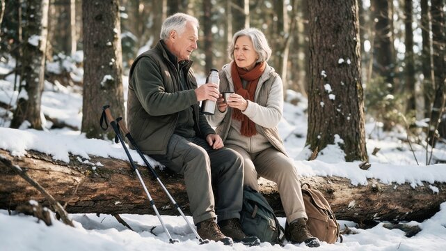 Senior couple resting on a fallen log in a snowy forest while sharing a thermos drink.