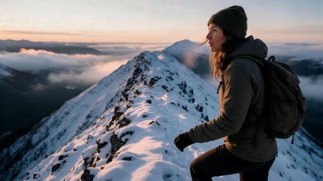 Two hikers standing on a snowy mountain ridge above clouds during a scenic winter sunrise.