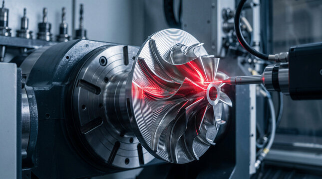Laser probe measuring a stainless steel impeller mounted on a rotary table in a CNC workshop, red measurement beam reflecting off machined metal blades, concept of precision engineering