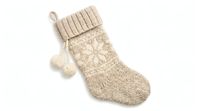 Knitted Christmas stocking with snowflake pattern on white background