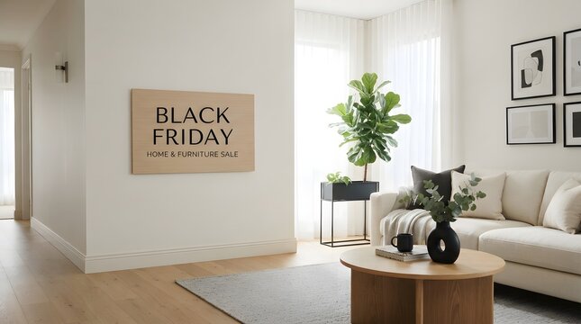 Black Friday home and furniture sale advertisement in a bright modern living room interior