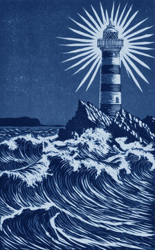 linocut print illustration of a coastal lighthouse shining bright beams of light across turbulent dark blue ocean waves and rocky cliffs at night in a classic nautical maritime art style