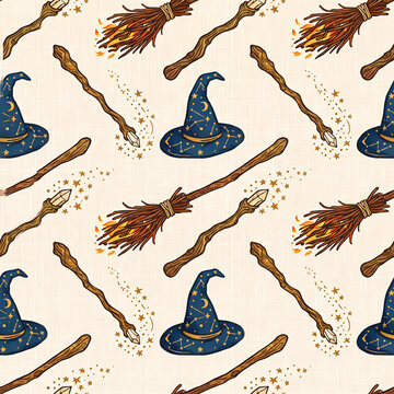 Seamless pattern with magic wizard hats, wands, and broomsticks on a beige background for Halloween or fantasy design