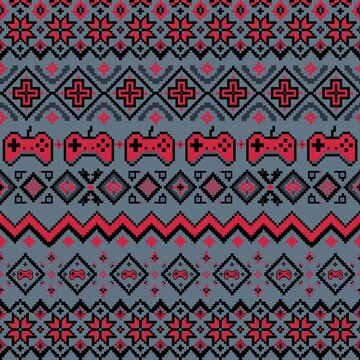 Seamless pixel art ugly sweater pattern with retro gaming controllers and winter snowflakes
