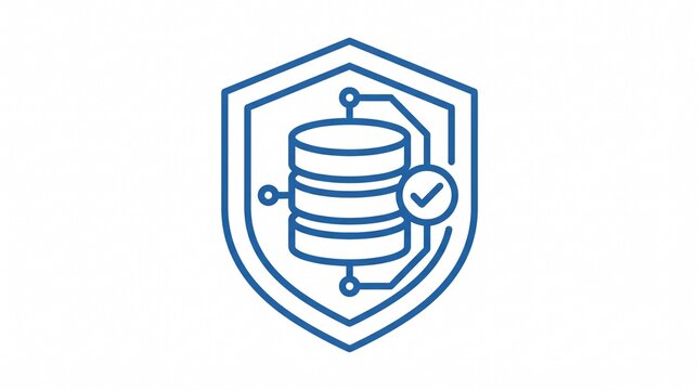 Blue shield icon with database and checkmark symbol for secure data storage protection