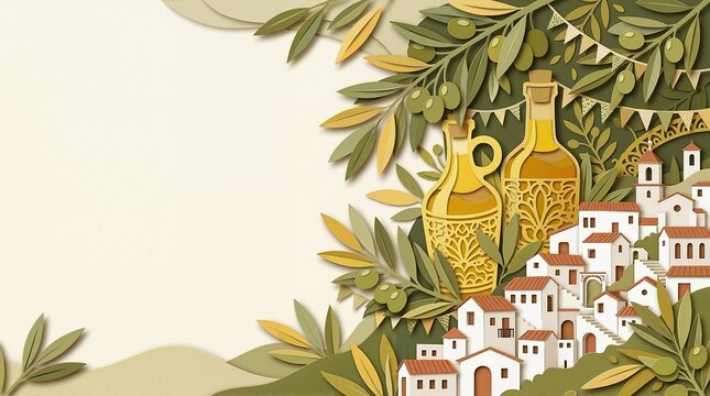 Spanish olive festival paper cut illustration. Village with olive oil bottles and branches background. Copy space for text
