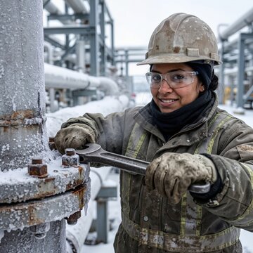 Industrial steam pipe repair by female technician in winter. Woman wearing hard hat and safety glasses operating valve