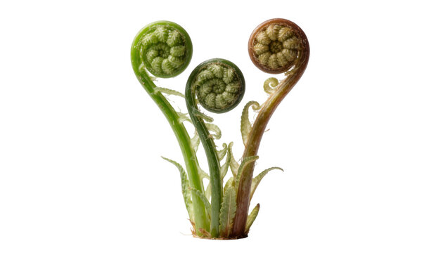 Three fern fiddleheads unfurling with delicate fronds, isolated on transparent background