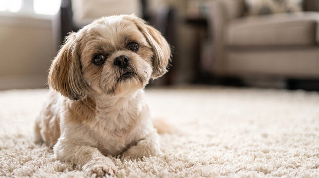 Adorable shih tzu dog resting on a soft carpet, embodying cozy domestic comfort and pet care