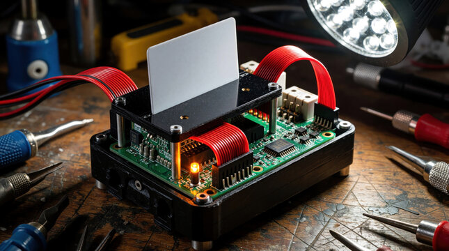 DIY electronic device prototype with blank card holder on workbench. Hardware engineer develops custom circuit board using microchips, red ribbon cables. Engineering project assembly process with