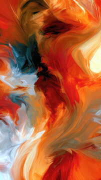 vibrant abstract painting featuring dynamic swirling waves of fiery red orange and warm yellow mixed with deep navy blue and white brushstrokes creating a powerful expressive background texture
